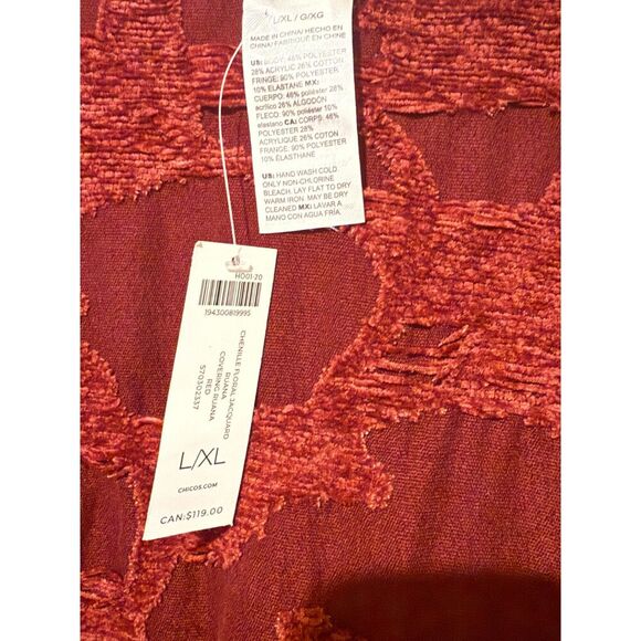 Chico's Chenille Floral Jacquard Ruana Wrap Women's L/XL Red Burgundy NWT - Picture 5 of 5